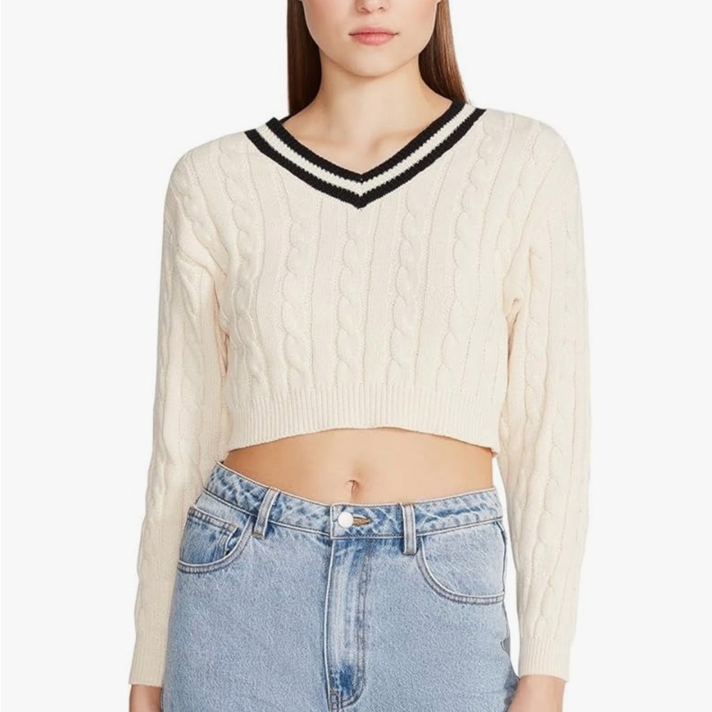 Varsity Cream Cable Knit V-Neck Sweater